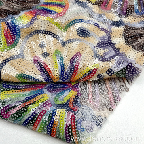 Polyester Knit Floral Embroidery Mesh 3mm Sequin Fabric